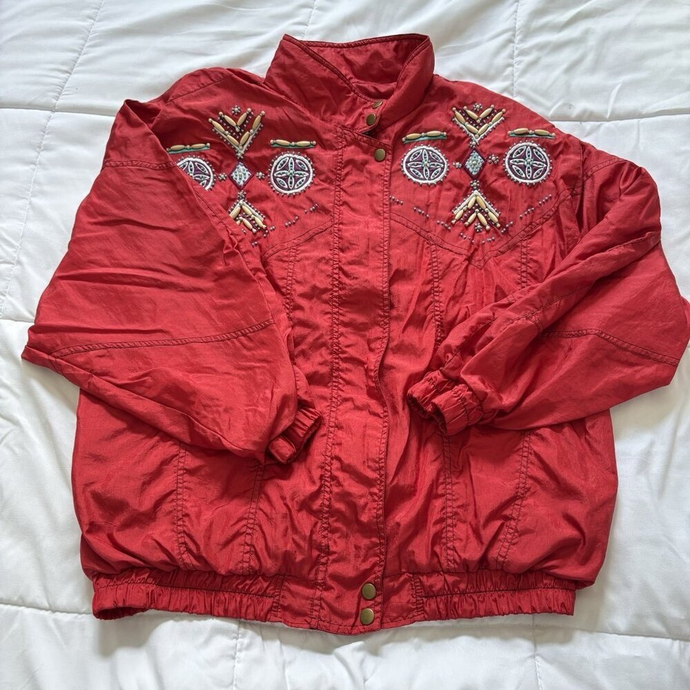 Vintage 90s Womens Size Large Nylon Track Jacket Southwestern Beaded Embellished